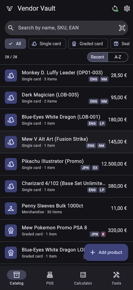 Build your catalog once, find anything in seconds — Vendor Vault (dark)