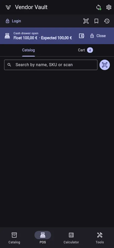 Sell with cash, card, trade credit — even mixed — Vendor Vault (dark)