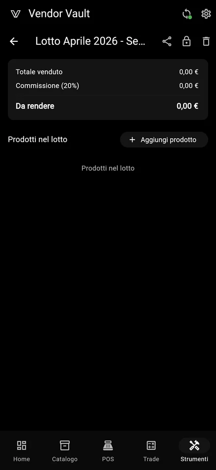 Schermata condivisione batch consignor di Vendor Vault su iPhone